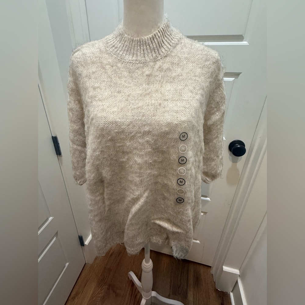 NWT. Koton. Fuzzy Short Sleeve Mock Neck Sweater. Heather Oatmeal. Size Medium.